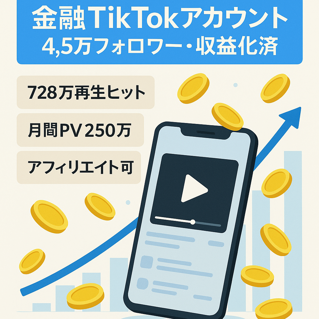 【TikTokアカウント フォロワー4.5万 いいね74万　最高728万再生動画他　収益化済み】属人性なし、金融系　大事に運営してきたのでフォロワーさんも上質です