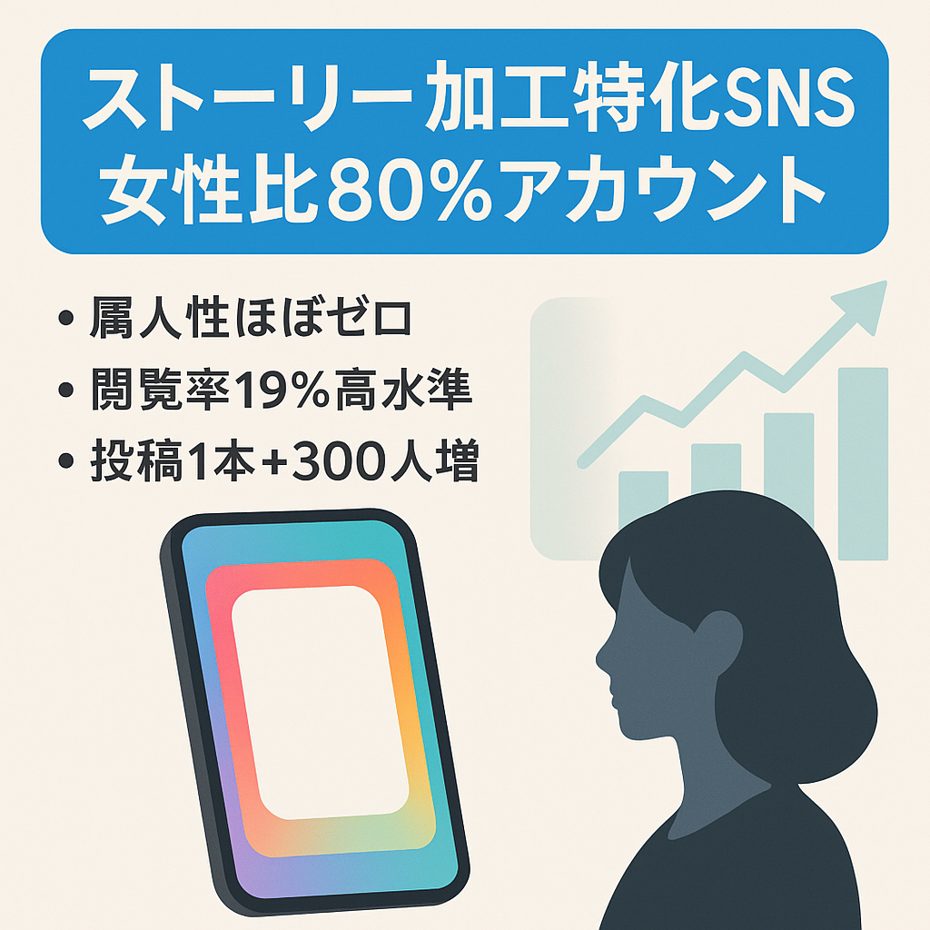 ストーリー加工特化アカウント、女性フォロワー80%、ストーリー閲覧平均19%、属人性少なめでどなたでもやりやすいジャンルです！