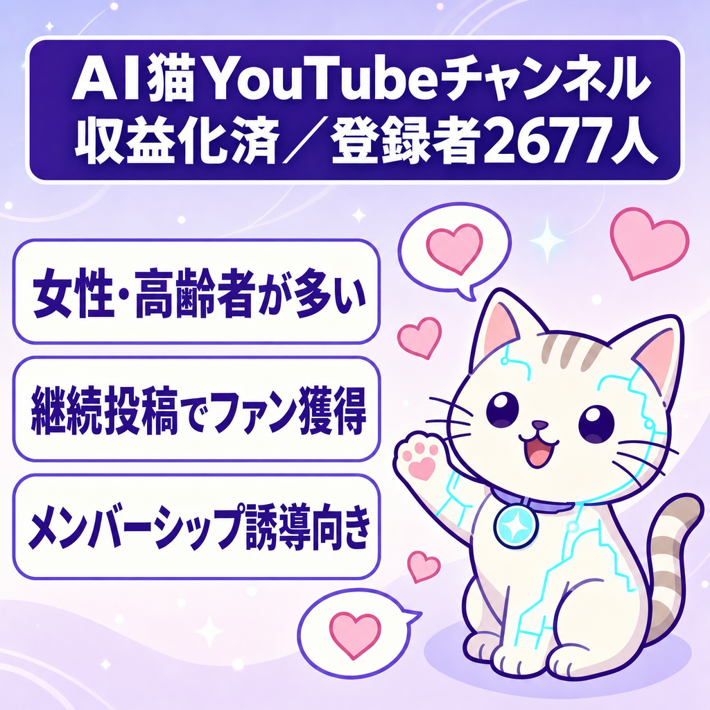 【YouTubeチャンネル収益化済】AI猫によるチャンネルで、登録者2677人
