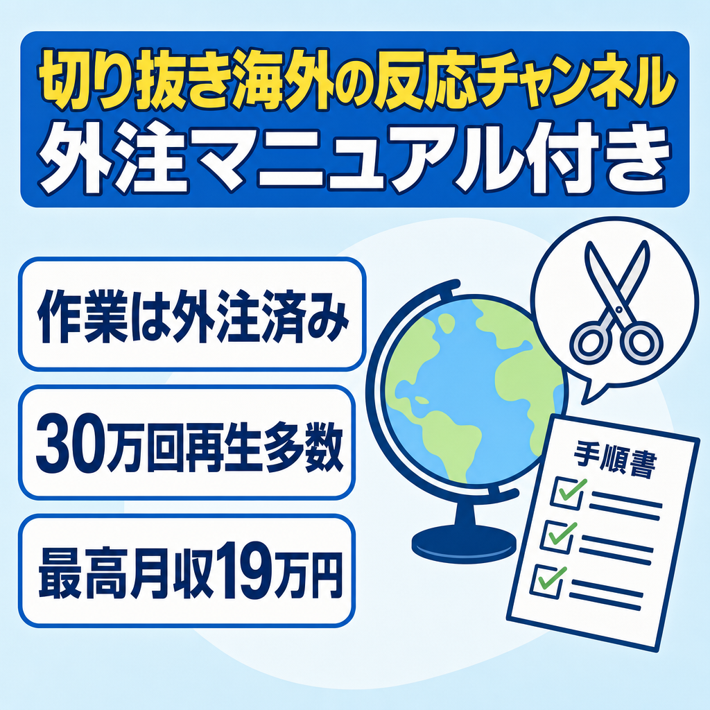 切り抜き：【最高月収19万❗️】AI×外注マニュアル完備の『海外の反応CH』」｜30万再生over複数&高RPM｜即・運営引き継ぎ可能