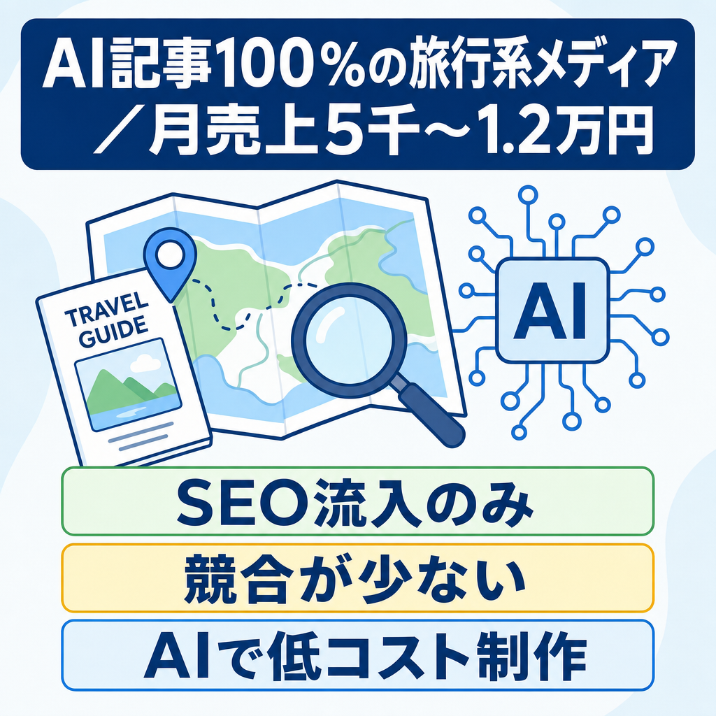 【100％AI記事。SEO検索上位KW多数】月5,000～12,000円の売上発生がある旅行系メディア