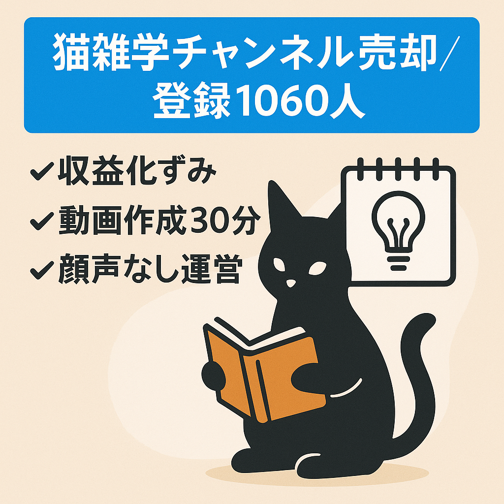 ※最終値下げ 9月9日までの公開【収益化済み・8月の収益もそのままお渡し】登録者1060人の猫の雑学系チャンネル【属人性なし/顔出し声出し不要/副業におすすめ】
