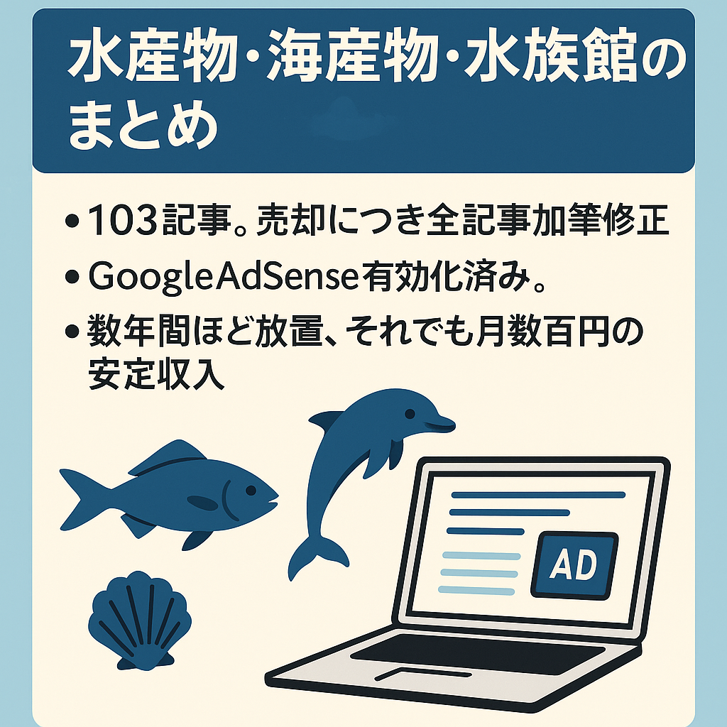 【属人性なし、103記事】水産物・海産物・水族館のまとめ＆豆知識＆雑学。外注対応可で楽々運営（マニュアルあり）。アフィリエイト広告連携で更なる収益UPが期待！