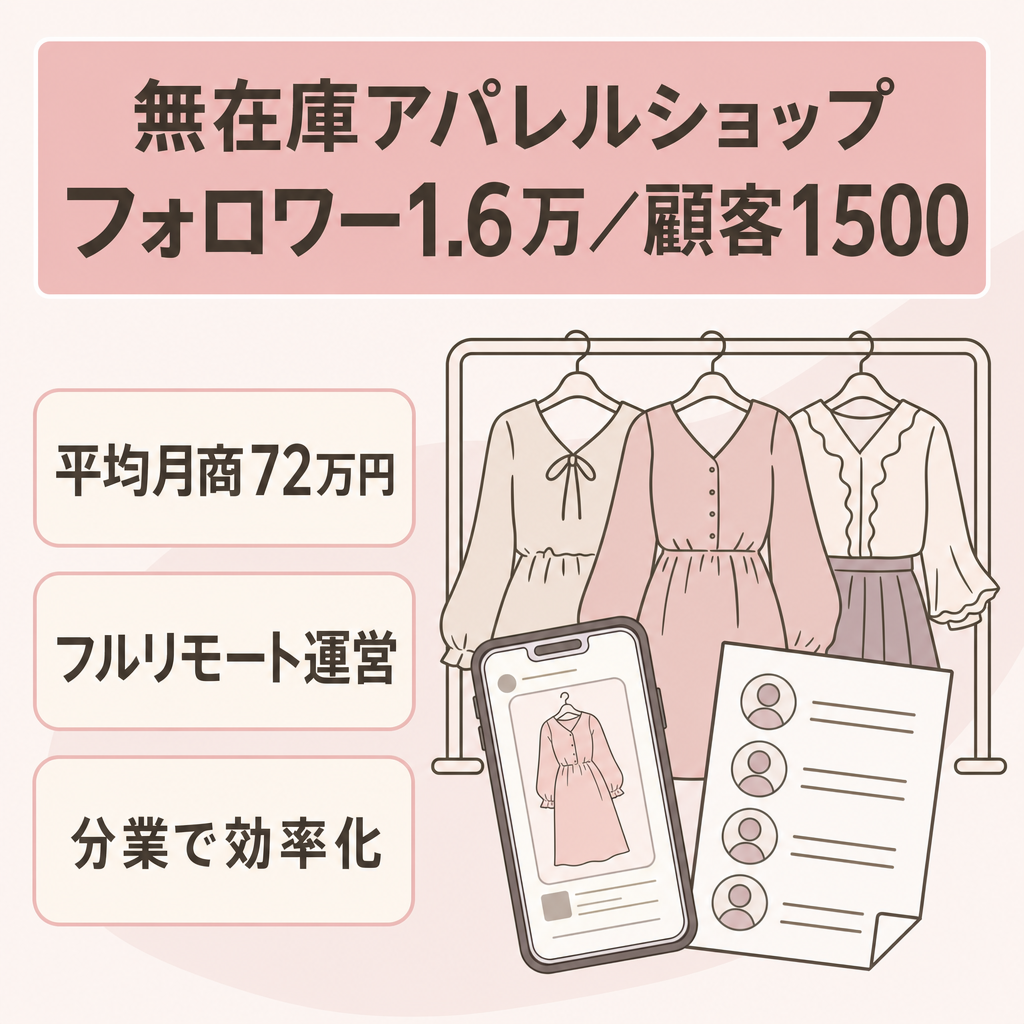 【平均月商72万・早期売却希望】フェミニン系アパレル無在庫ショップ！Instagramフォロワー1.6万・LINE顧客1500人付き！