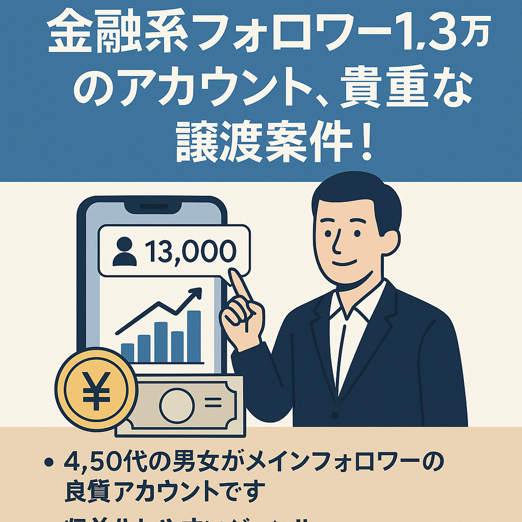 【即運用OK】金融系フォロワー1.3万人のアカウント、貴重な譲渡案件！