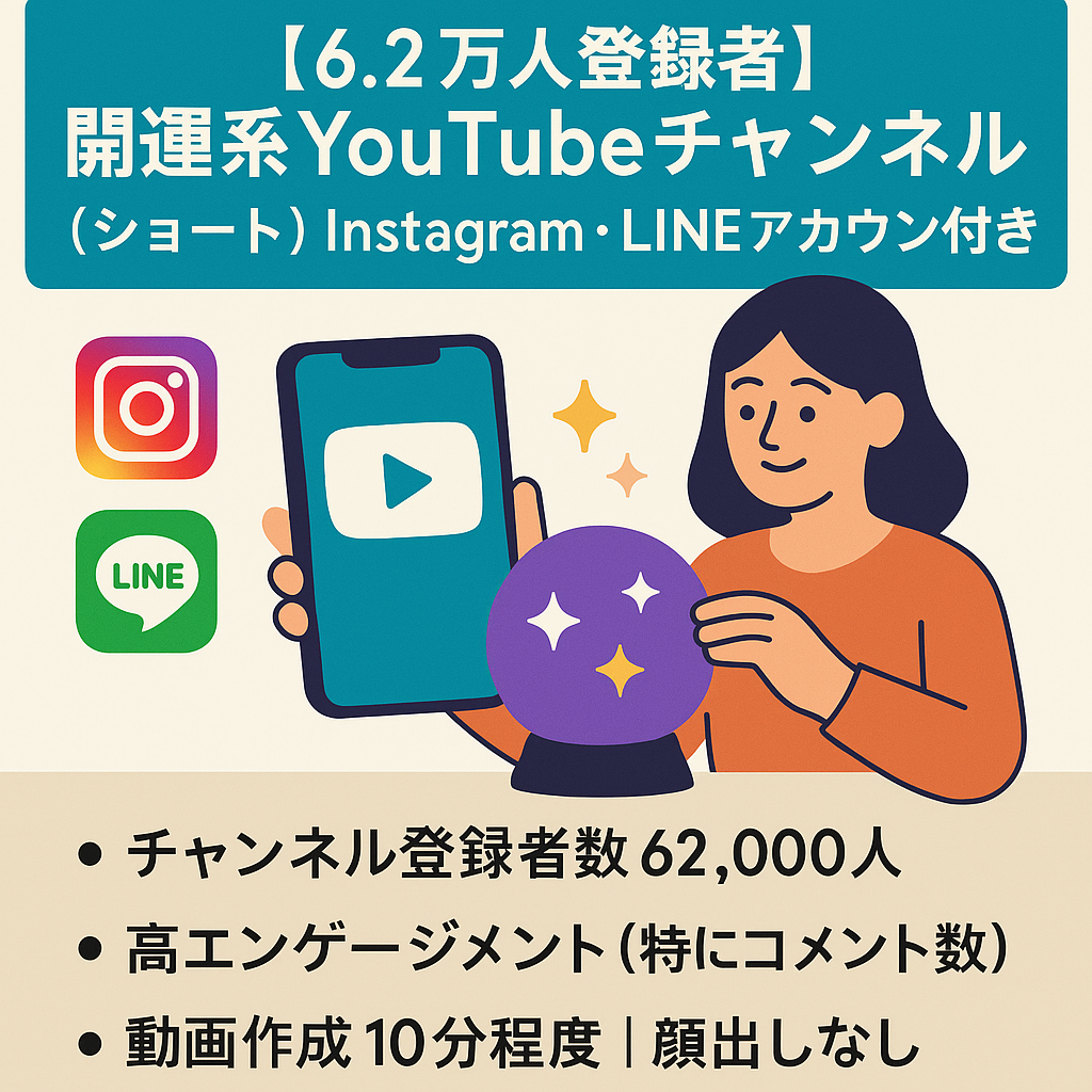 【6.2万人登録者数】開運系YouTubeアカウント（ショート）Instagram・LINEアカウント付き