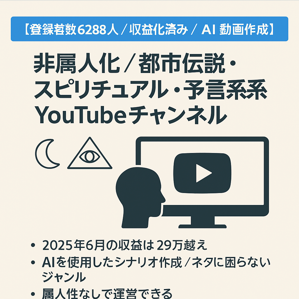 【登録者数6288人／収益化済み／AI動画作成】非属人化／都市伝説・スピリチュアル・予言系YouTubeチャンネル