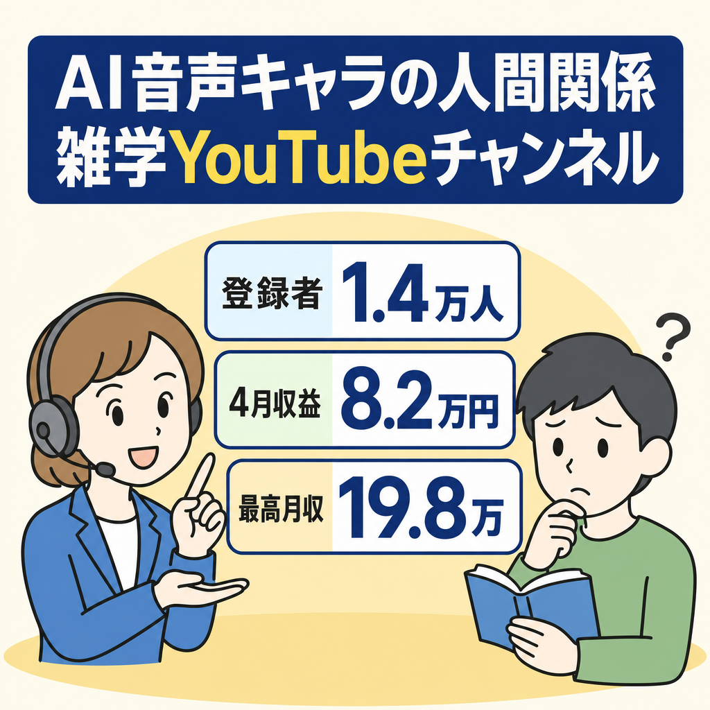 【登録者1.4万人・最高月収19万】AI音声とキャラ活用の人間関係悩み系雑学寄りYouTube。4月収益8.2万円にV字回復。非属人で運営可能