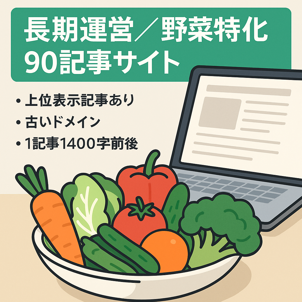 運営長期、野菜に特化したサイト　記事数約90　1記事約1400文字前後