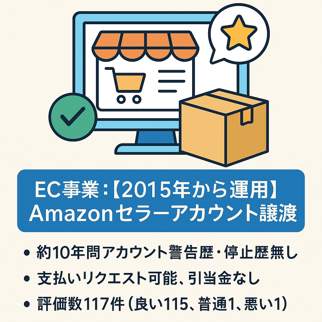 EC事業：【2015年から運用】Amazonセラーアカウント譲渡 評価117件☆4.7 <累計売上1200万以上>  カー用品 / おもちゃ / スポーツ用品 /家電 など多ジャンルで出品履歴有り