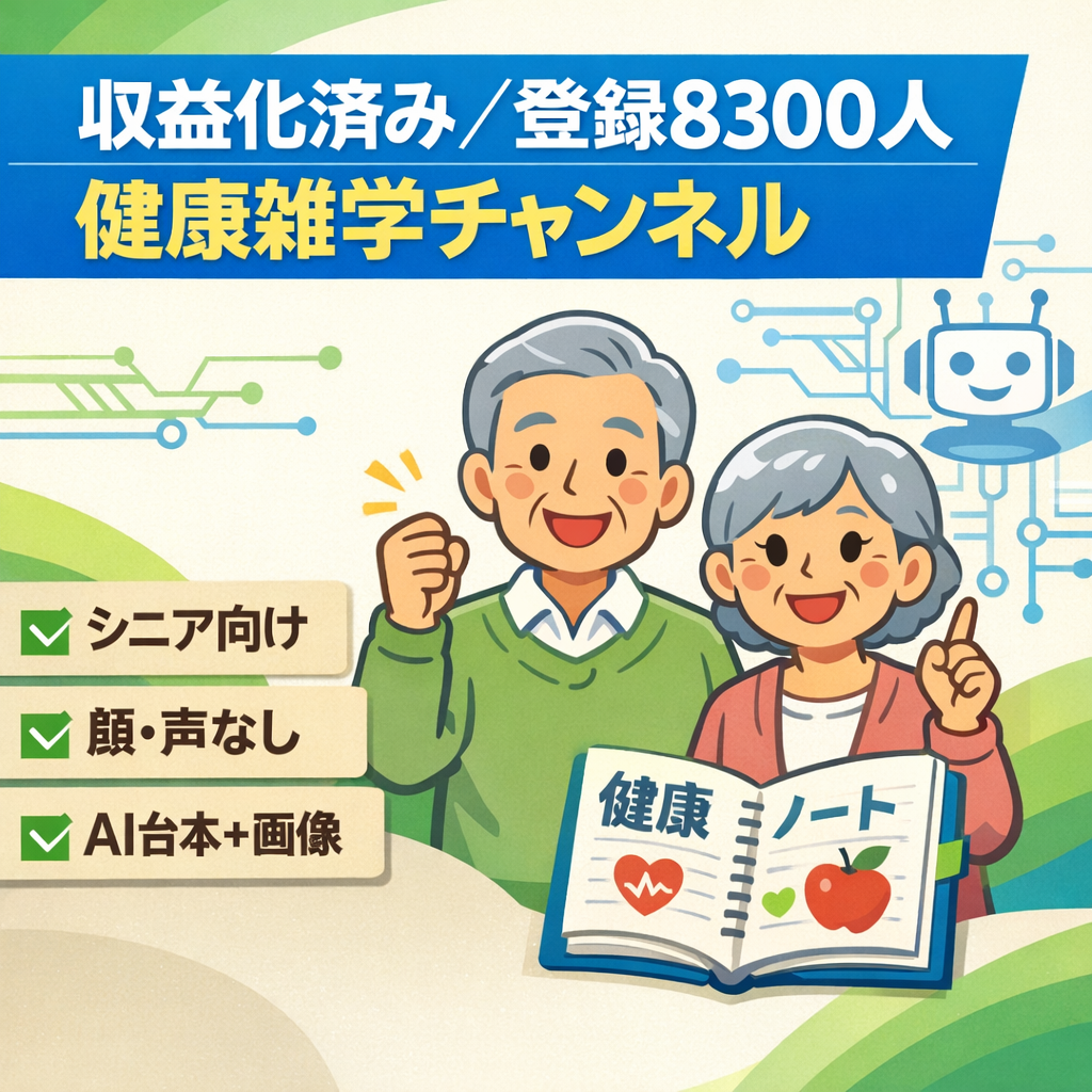 【収益化済み・登録者8300人】非属人・ AI台本・AI画像生成で編集しやすい・シニア層向け健康雑学チャンネル【外注可OK】