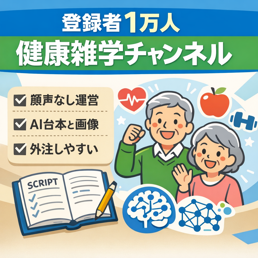【収益化済み・登録者10000人】非属人・ AI台本・AI画像生成で編集しやすい・シニア層向け健康雑学チャンネル【外注可OK】