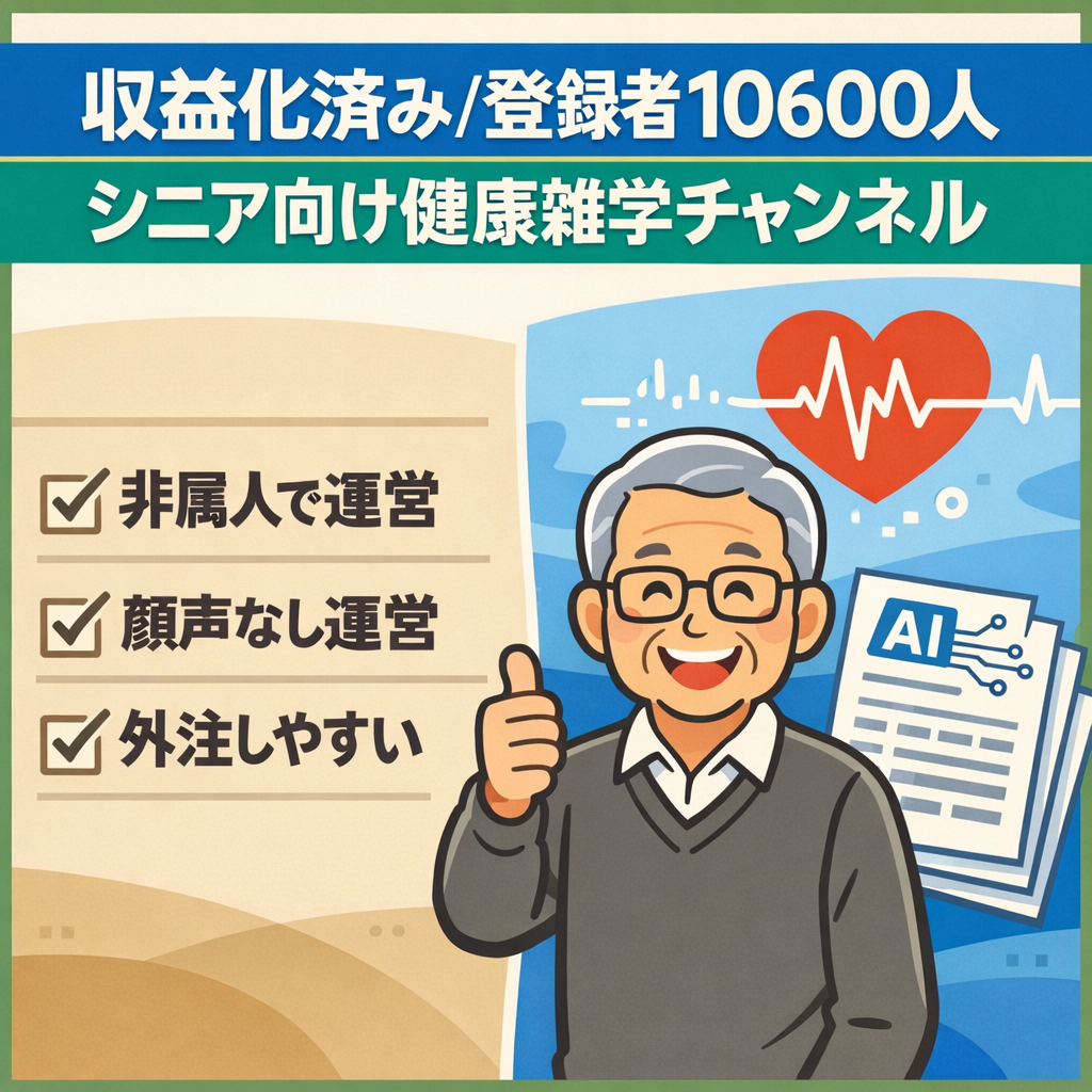 【収益化済み・登録者10600人】非属人・ AI台本・AI画像生成で編集しやすい・シニア層向け健康雑学チャンネル【外注可OK】