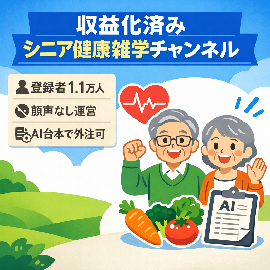 【収益化済み・登録者11000人】非属人・ AI台本・AI画像生成で編集しやすい・シニア層向け健康雑学チャンネル【外注可OK】