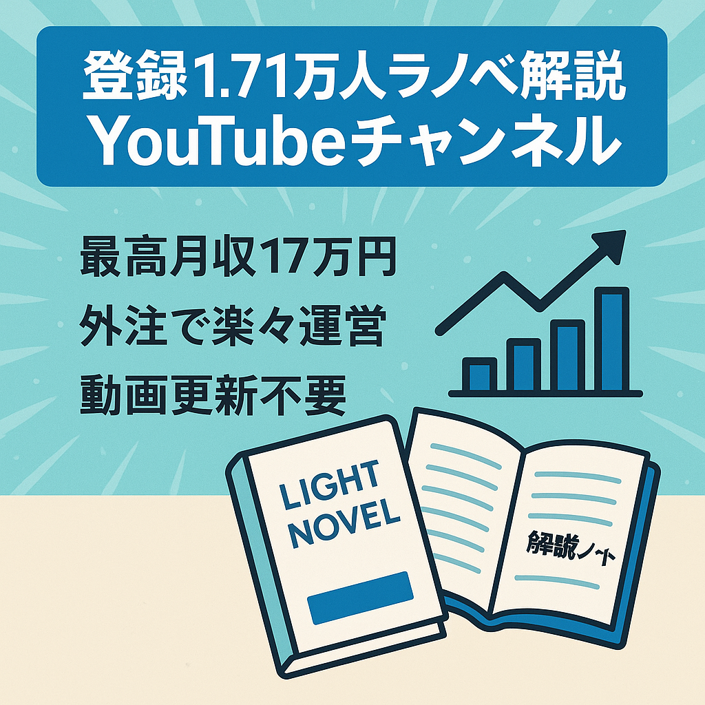 某有名ラノベ原作作品解説YouTubeチャンネル【チャンネル登録者1.71万人/総再生回数約580万回/平均再生回数3.6万回/最高月収約17万円/最高月間PV80万】
