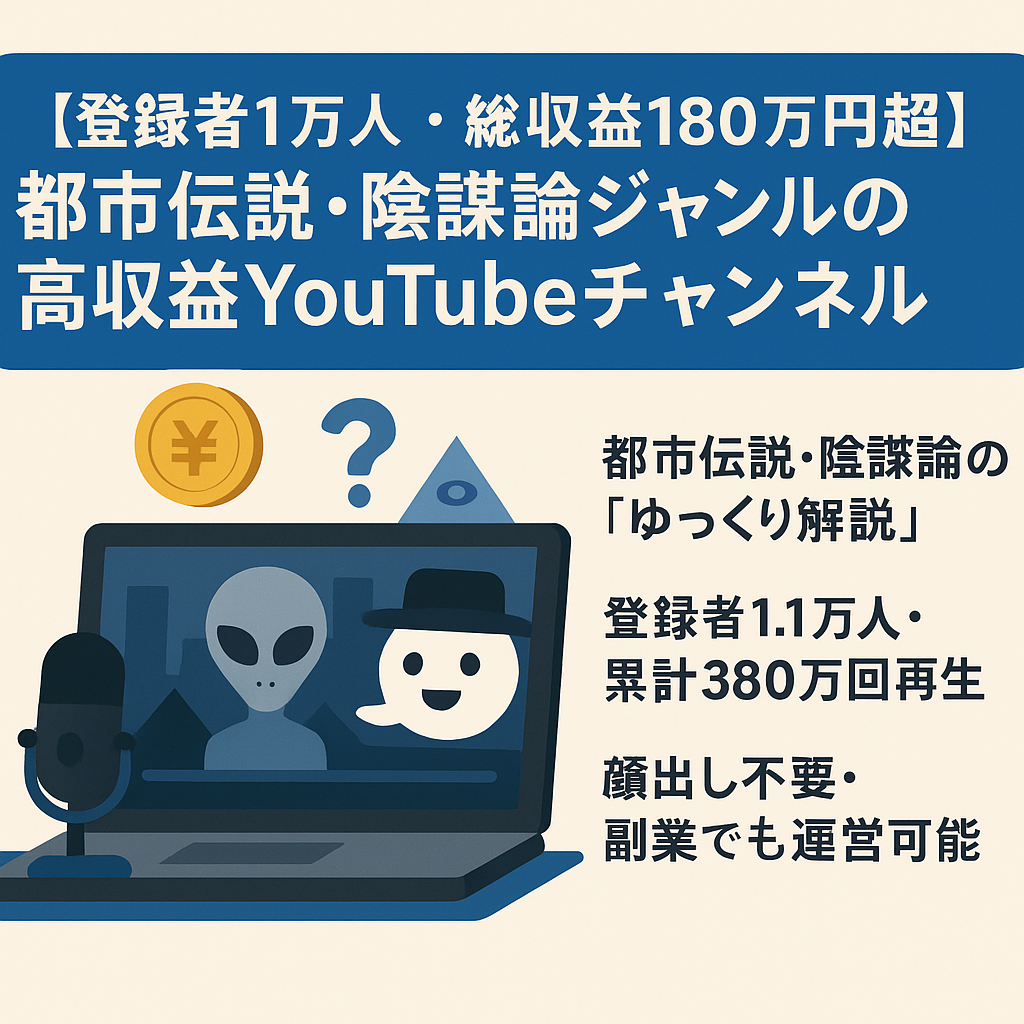 【登録者1万人・総収益180万円超】都市伝説・陰謀論ジャンルの高収益YouTubeチャンネル譲渡【顔出し不要・高RPM・交渉歓迎】