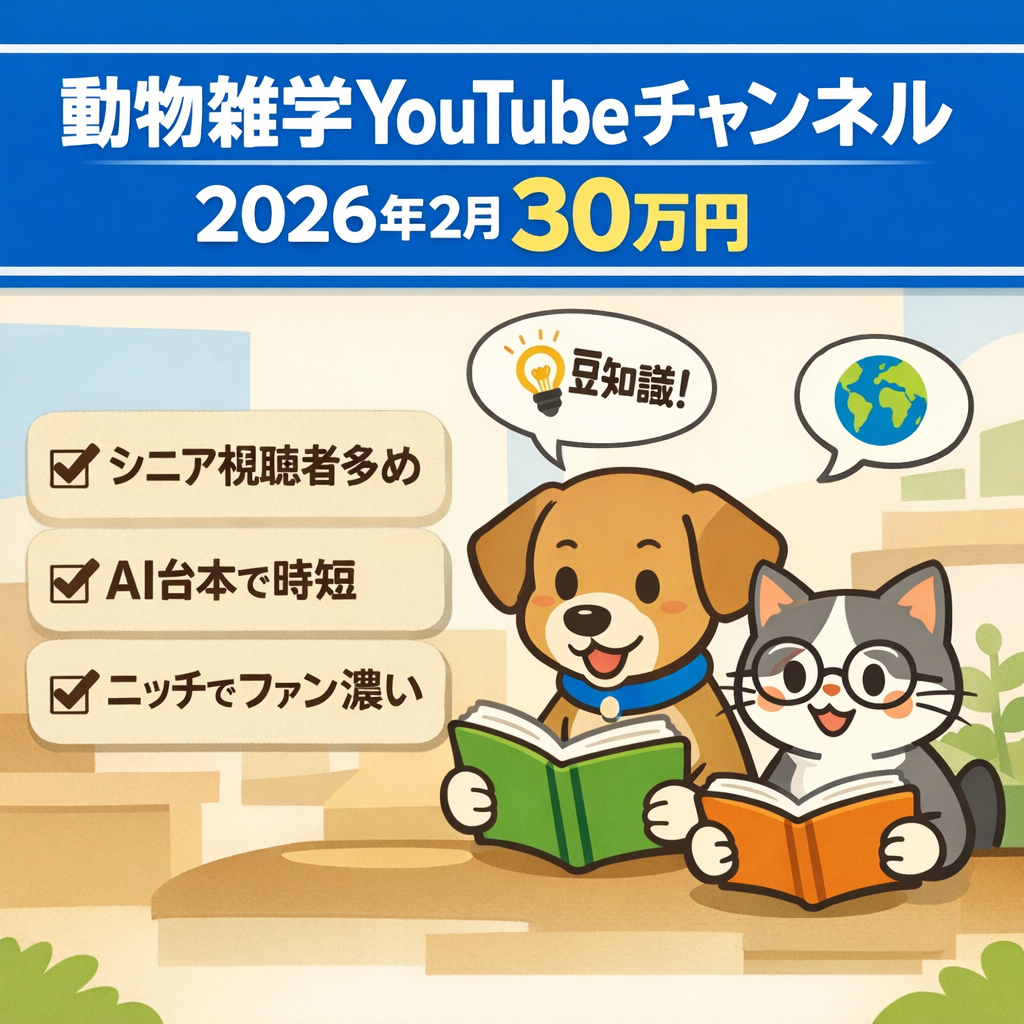 【2026年/2月 30万円！】[動物雑学]に特化した高齢層に強いYouTubeチャンネル
