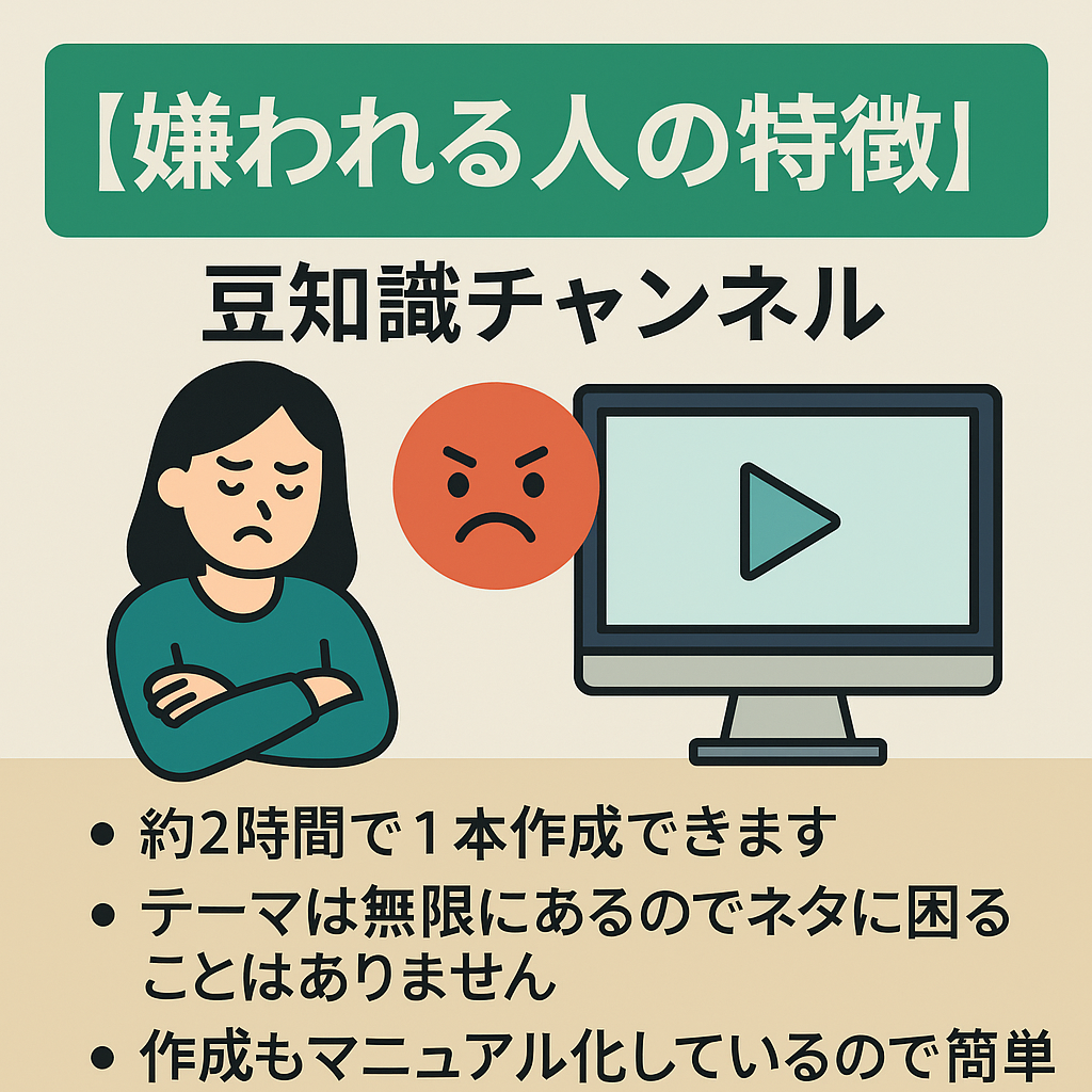 【嫌われる人の特徴7選】のように特定のテーマについて短く解説する豆知識チャンネル