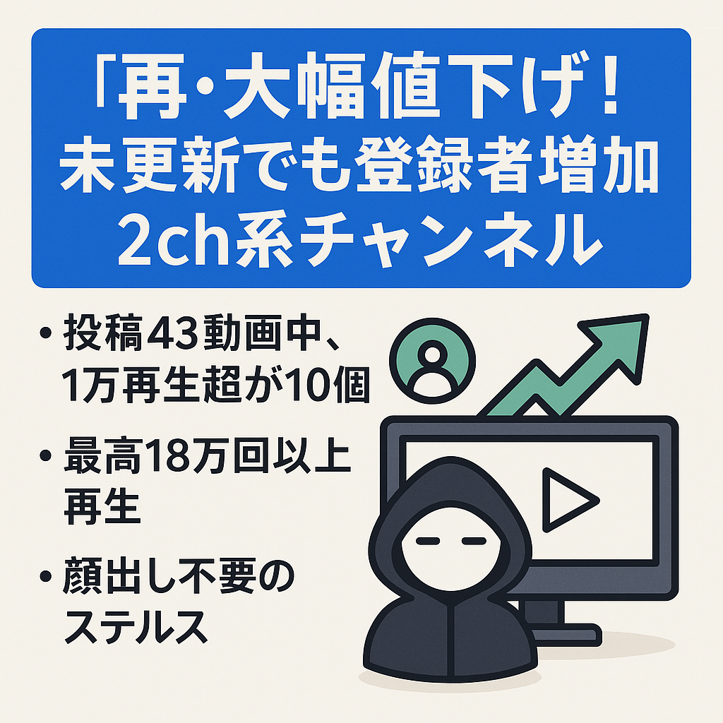 【再・大幅値下げ！】登録者2,000人目前｜未更新でも登録者数増加！2ch系コンテンツのため収益安定！ゆっくりボイス・属人性ゼロ・再現性高いビジネスモデル｜早い者勝ち！