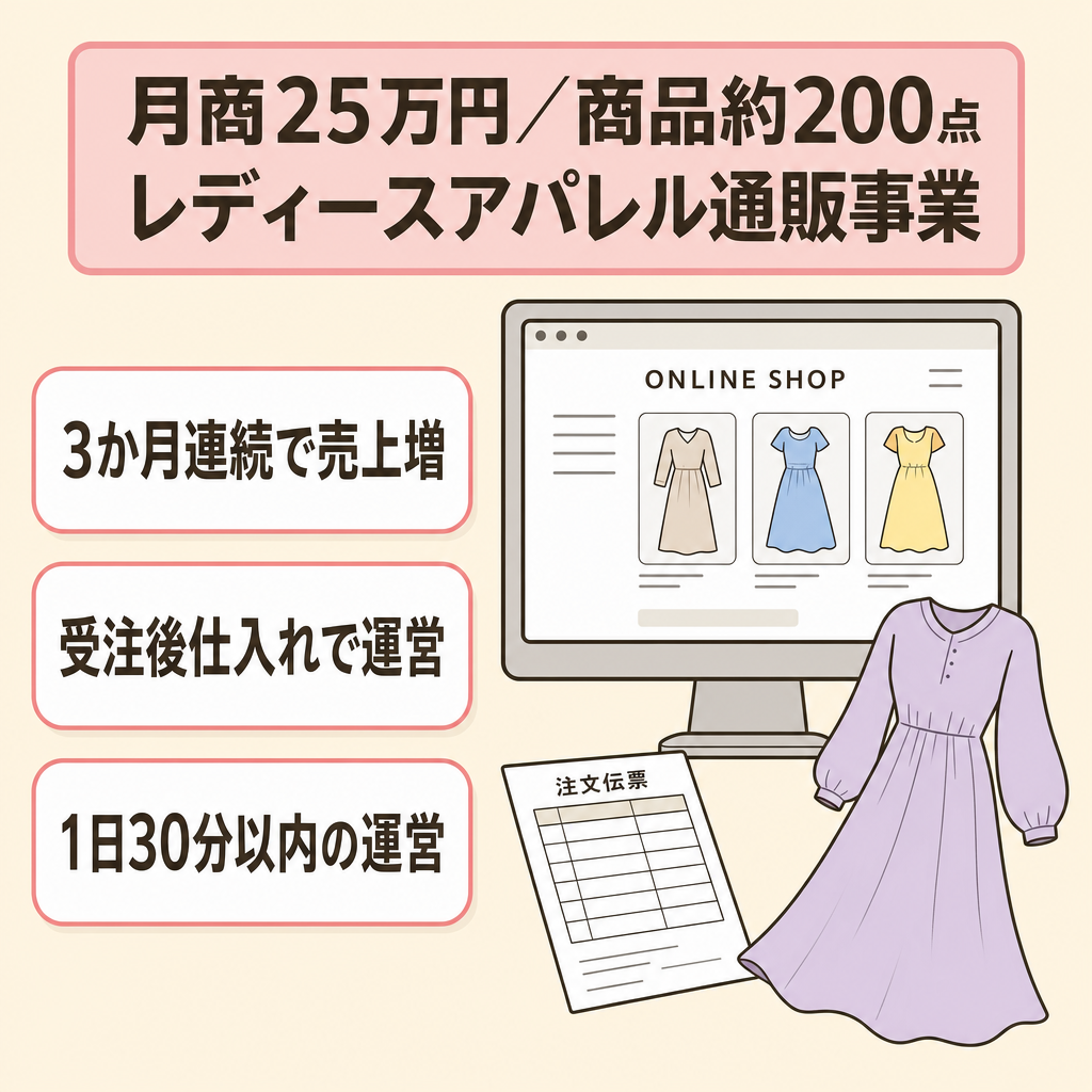 【月商25万円】レディースアパレルEC事業｜商品200点・無在庫型・1日30分以内の運営