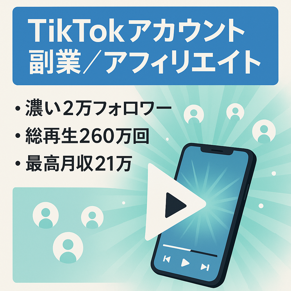 TikTokアカウント【アフィリエイト&副業と相性良し！！】最高月収21万、フォロワー2万人！総再生回数260万回！※2年アカウント運用休止中
