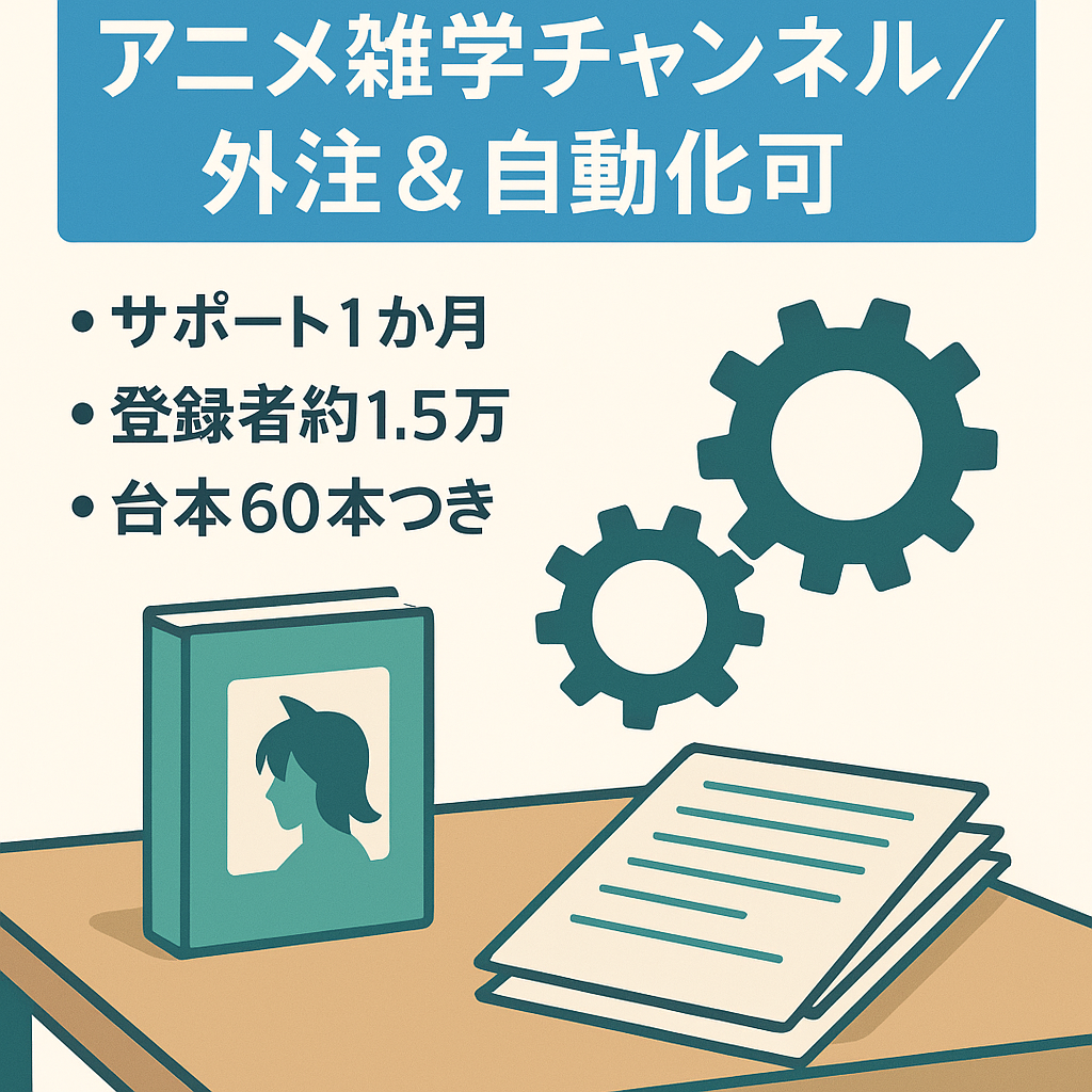 【自動化or外注で月10万円の収入◎ 】台本60本プレゼント！/ 非属人アニメ系雑学 / フル外注化可能/ 登録者数約1.5万人 / 粗利率70%以上！