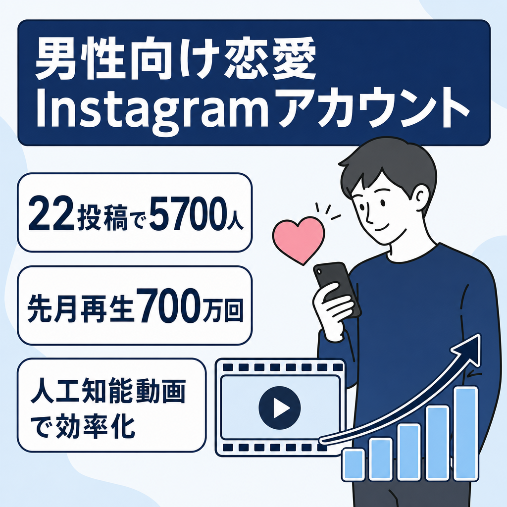 【22投稿で5700フォロワー】男性向け恋愛発信｜AIリール動画Instagramアカウントの販売