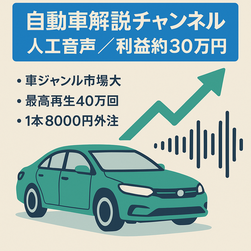 【2月に収益化/3月の利益約30万円】人工音声を用いた自動車系の解説CH。最高40万再生超え、フル外注で運営可能！【属人性無し】