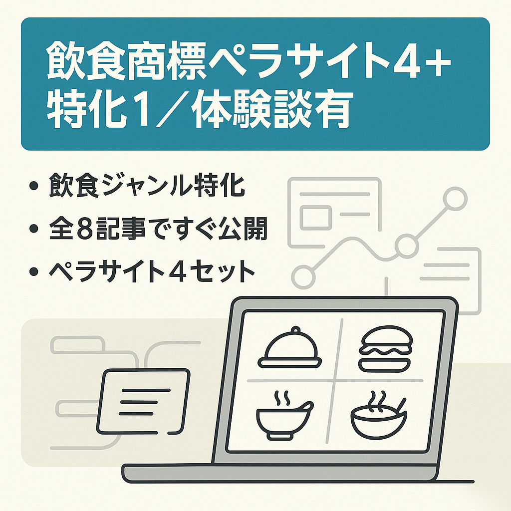【飲食ジャンル合計８記事】商標ペラサイト４セット+商標特化サイト１つ【体験談記事あり】