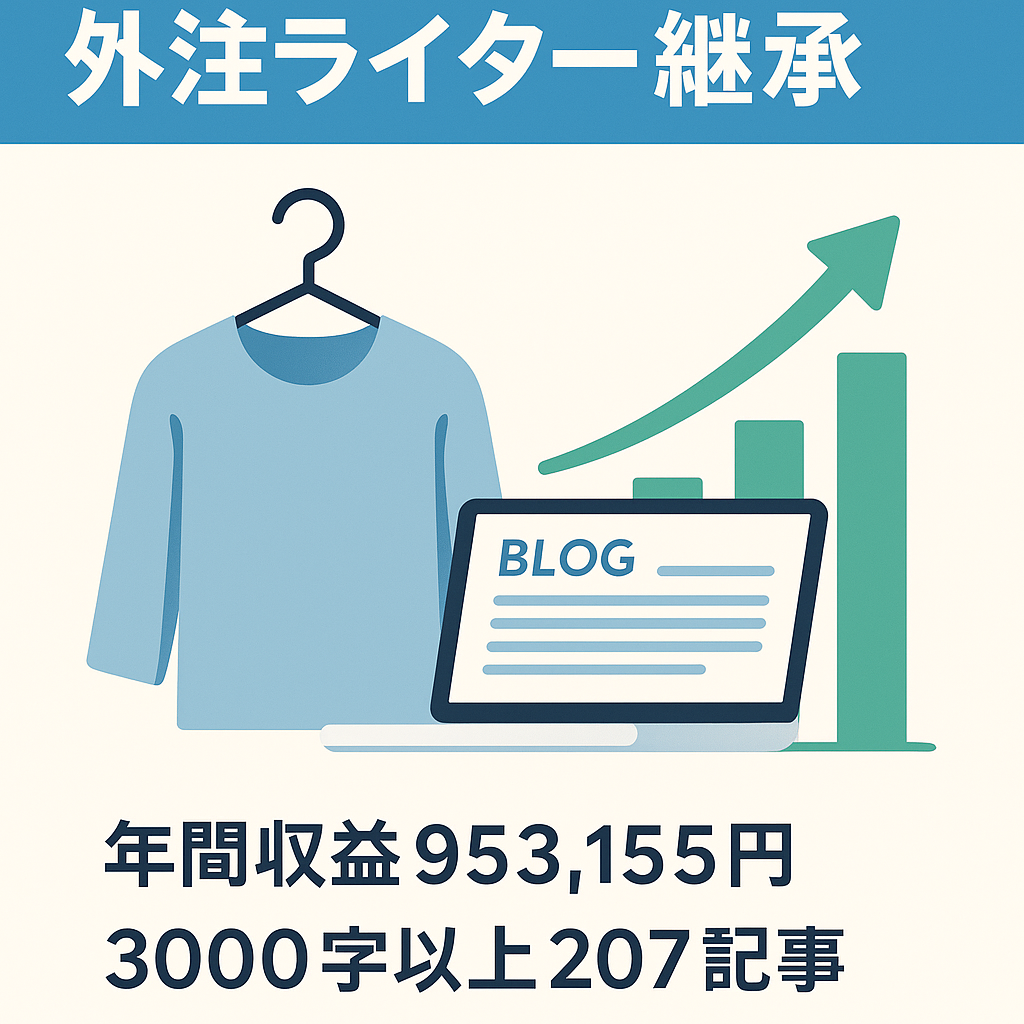 【直近の年間収益953,155円】月平均79,429円のファッションに特化したSEOブログ・優秀な外注ライターさんを一人引き継ぎ可能です。