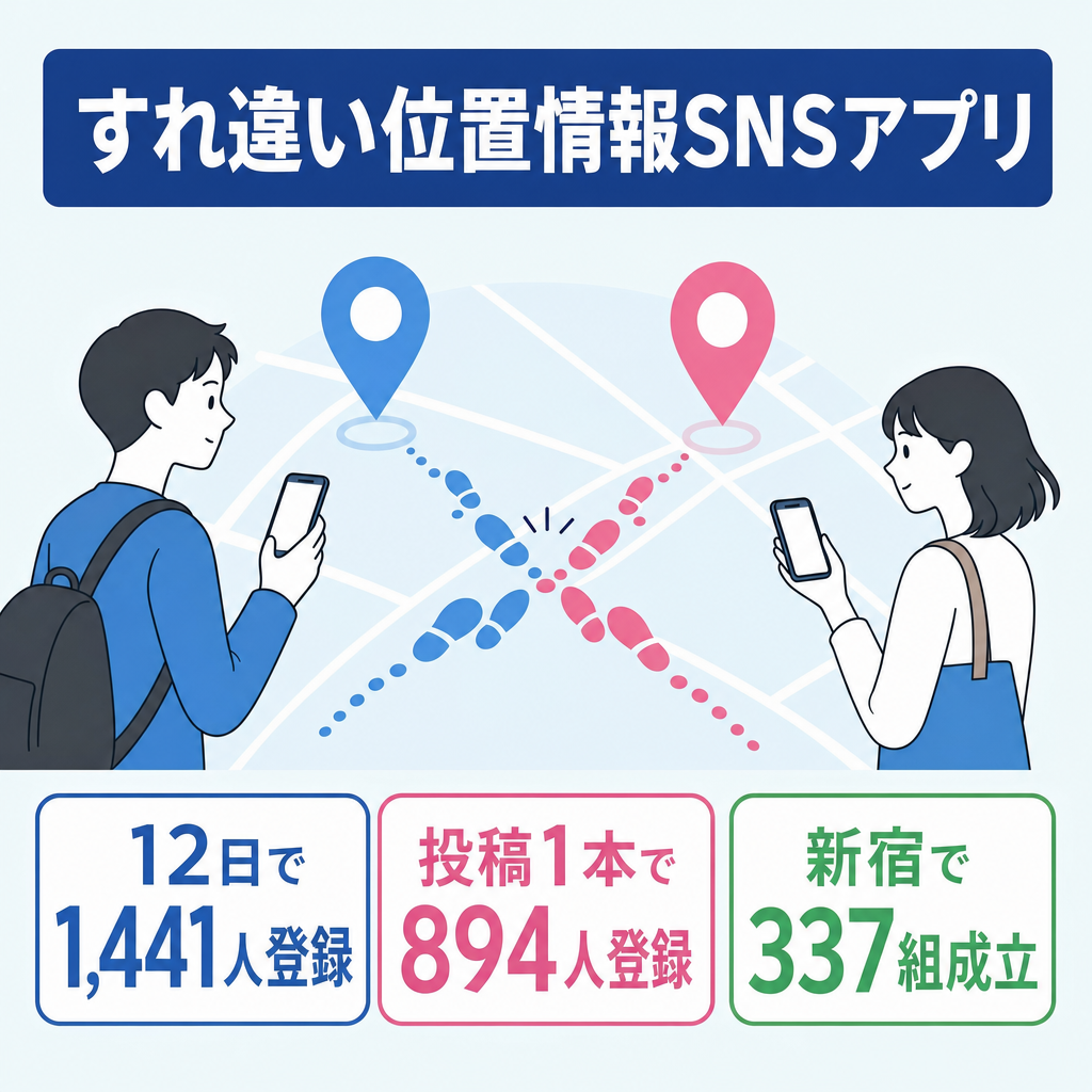 【公開12日で1,441人登録】すれ違った人とだけ繋がる位置情報SNS（iOSアプリ）｜SNS投稿1本で1日894人登録・都心で毎晩すれ違い成立