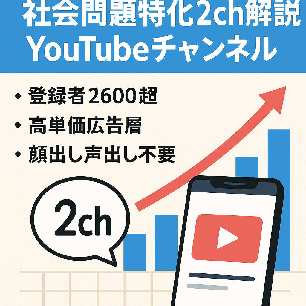 【登録者2600人超・10万再生超の実績あり】少子化・社会問題特化の2ch解説チャンネル。高単価な大人向け広告層がメイン【属人性なし】