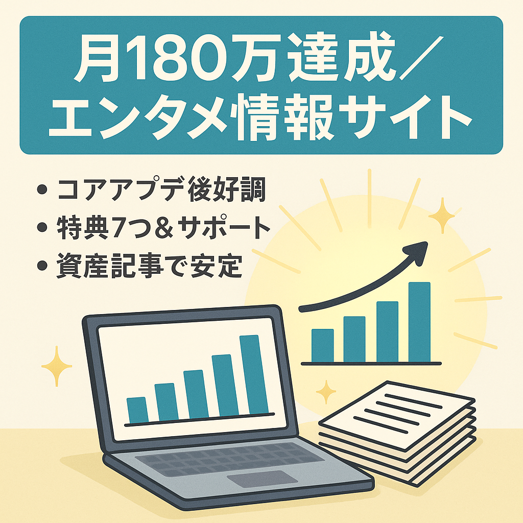 値下げ！【7月コアアプデ以降収益急上昇&最高月180万円】資産記事多数のエンタメ情報サイト!※外注1名紹介可 &購入者特典・サポート付き!