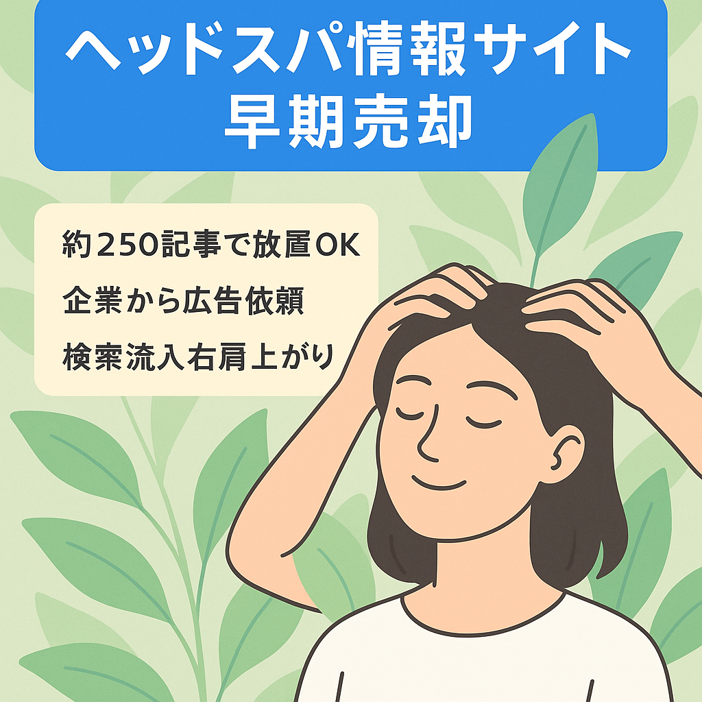 【早期売却希望、値下げ交渉歓迎】【3月約35,000PV、利益約25,000円】ヘッドスパ中心のリラクゼーション情報サイト。新規ドメインで毎月右肩上がり成長中