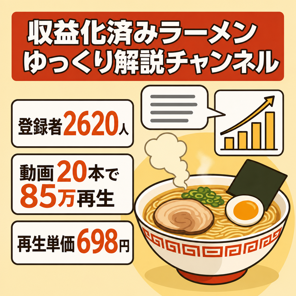 【非属人・収益化済】ゆっくり解説ラーメン専門チャンネル／登録者2620人／高単価RPM698円／競合少ない