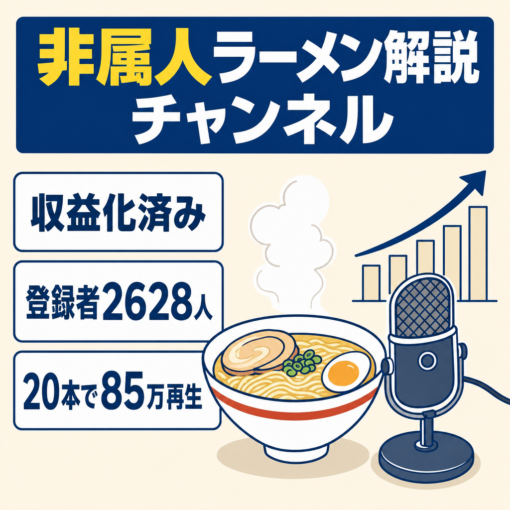 【非属人・収益化済】ゆっくり解説ラーメン専門チャンネル／登録者2628人／ライバル少ない