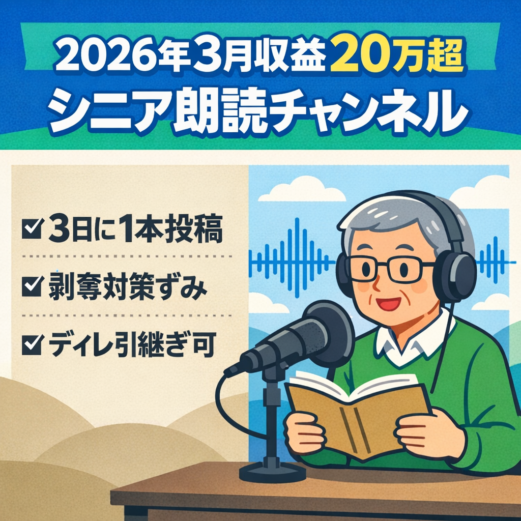 【2026/3月 月間収益20万円以上】チャンネル登録者3000人弱！シニア朗読系You Tubeチャンネル譲渡案件｜即運営OK・早期売却歓迎・価格交渉も大歓迎