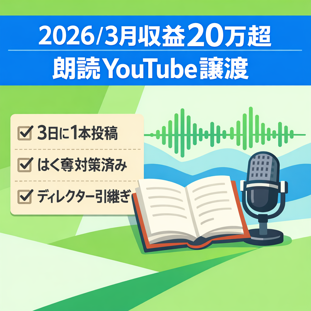 【2026/3月 月間収益20万円以上】【早期売却歓迎】チャンネル登録者3000人弱！シニア朗読系You Tubeチャンネル譲渡案件｜即運営OK・価格交渉も大歓迎