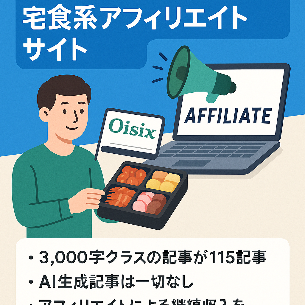 【115記事・3,000文字前後・AI生成記事なしで全てオリジナル】オイシックス・ナッシュの宅食系商標アフィリエイトサイトです。運営歴5年・