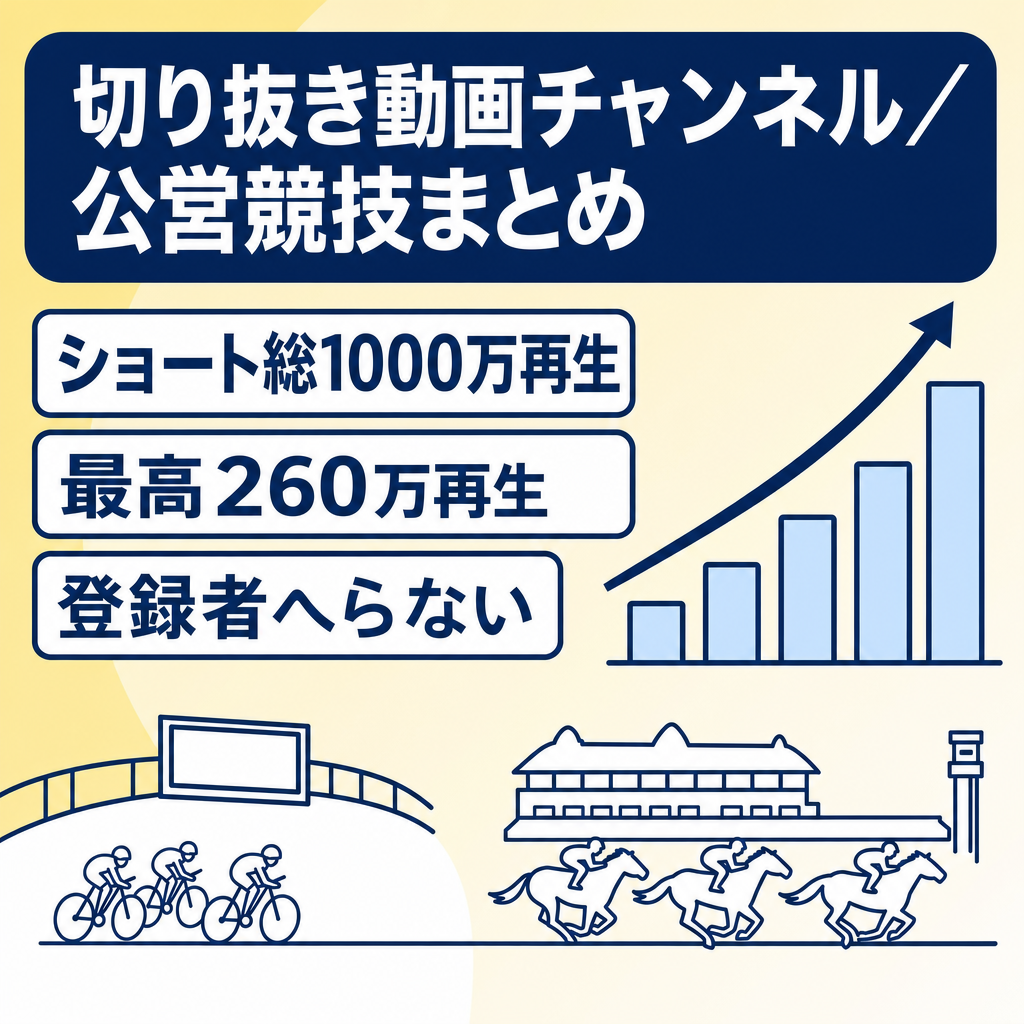 訳あり：切り抜き：【ショート合計1000万回再生以上】ショート動画2-3万回再生、横動画2000-5000回再生。競輪や競馬などの公営競技まとめ動画