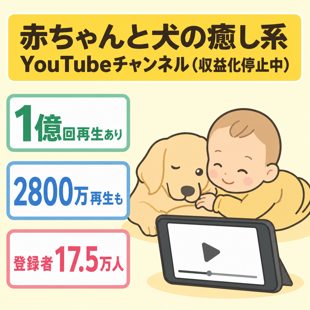 訳あり【約1億/約2,800万/約2,200万/約1,700万再生のバズショート有り】【登録者数 17万5357人】赤ちゃんと犬の癒し系ジャンル ※収益化停止中