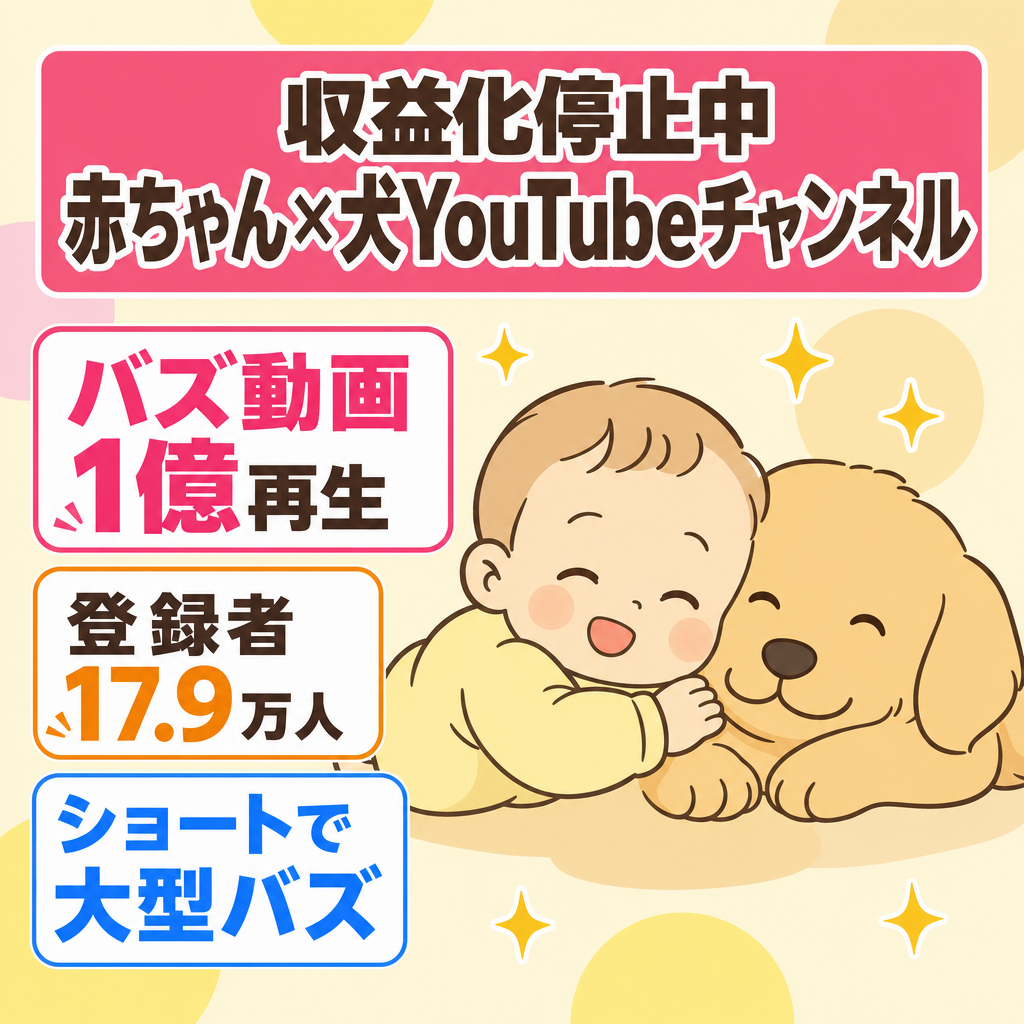 訳あり【約1億/約2,800万/約2,200万/約1,700万再生のバズショート有り】【登録者数 17万8860人】赤ちゃんと犬の癒し系ジャンル ※収益化停止中