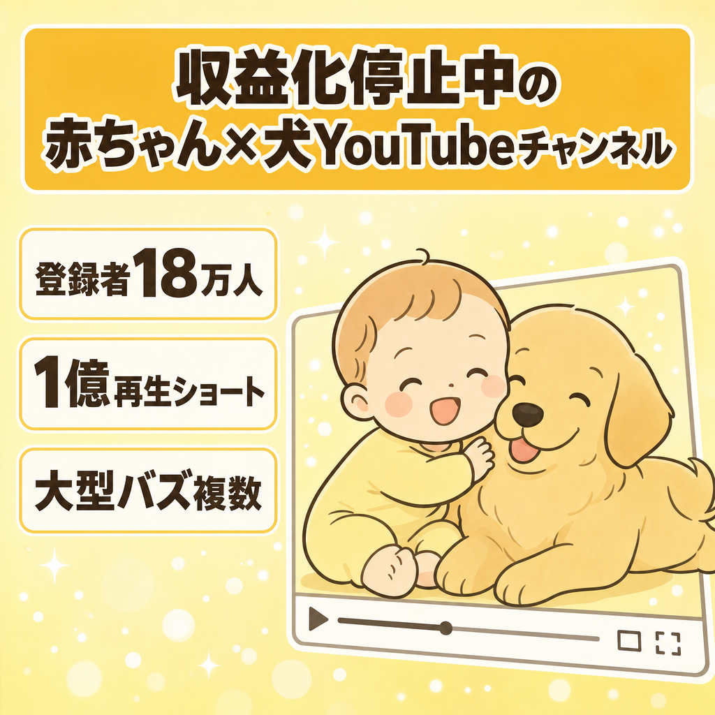 訳あり【登録者数 18万人】【約1億/約2,800万/約2,200万/約1,700万再生のバズショート有り】赤ちゃんと犬の癒し系ジャンル ※収益化停止中