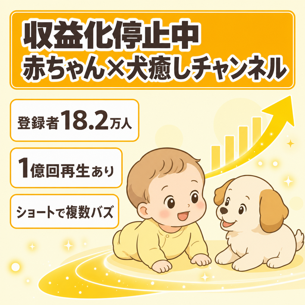 訳あり【約１億/約3600万/約2200万再生などのバズショート保有】【登録者数 18万2千人】赤ちゃんと犬の癒し系ジャンル ＊収益化停止中