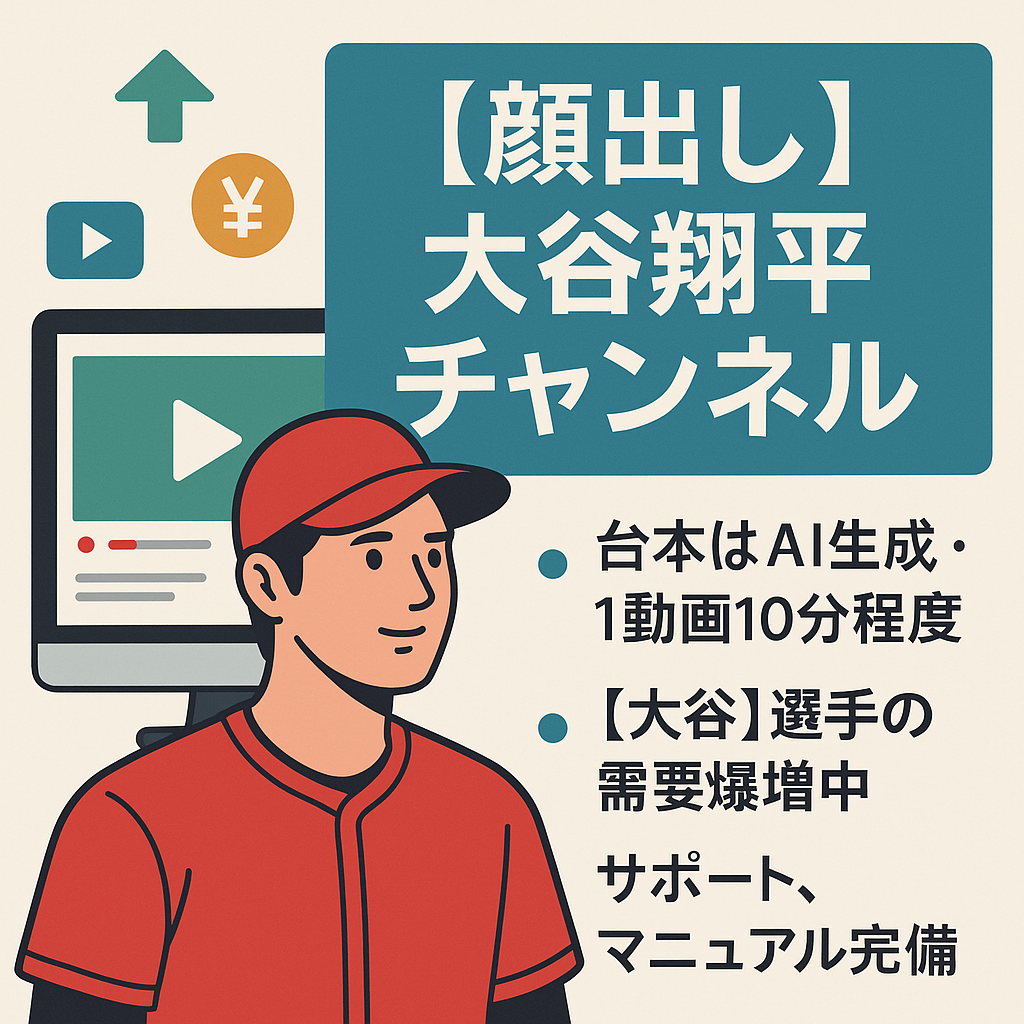 【絶大な人気の大谷翔平チャンネル/登録者5700人】購入後も安心サポート！最高収益36万円/月・投資金を即回収可能！【顔出し・属人性なし】