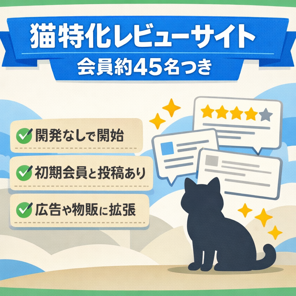 【開発不要】猫特化レビューサイト｜初期ユーザー・コンテンツ構築済み 会員約45名