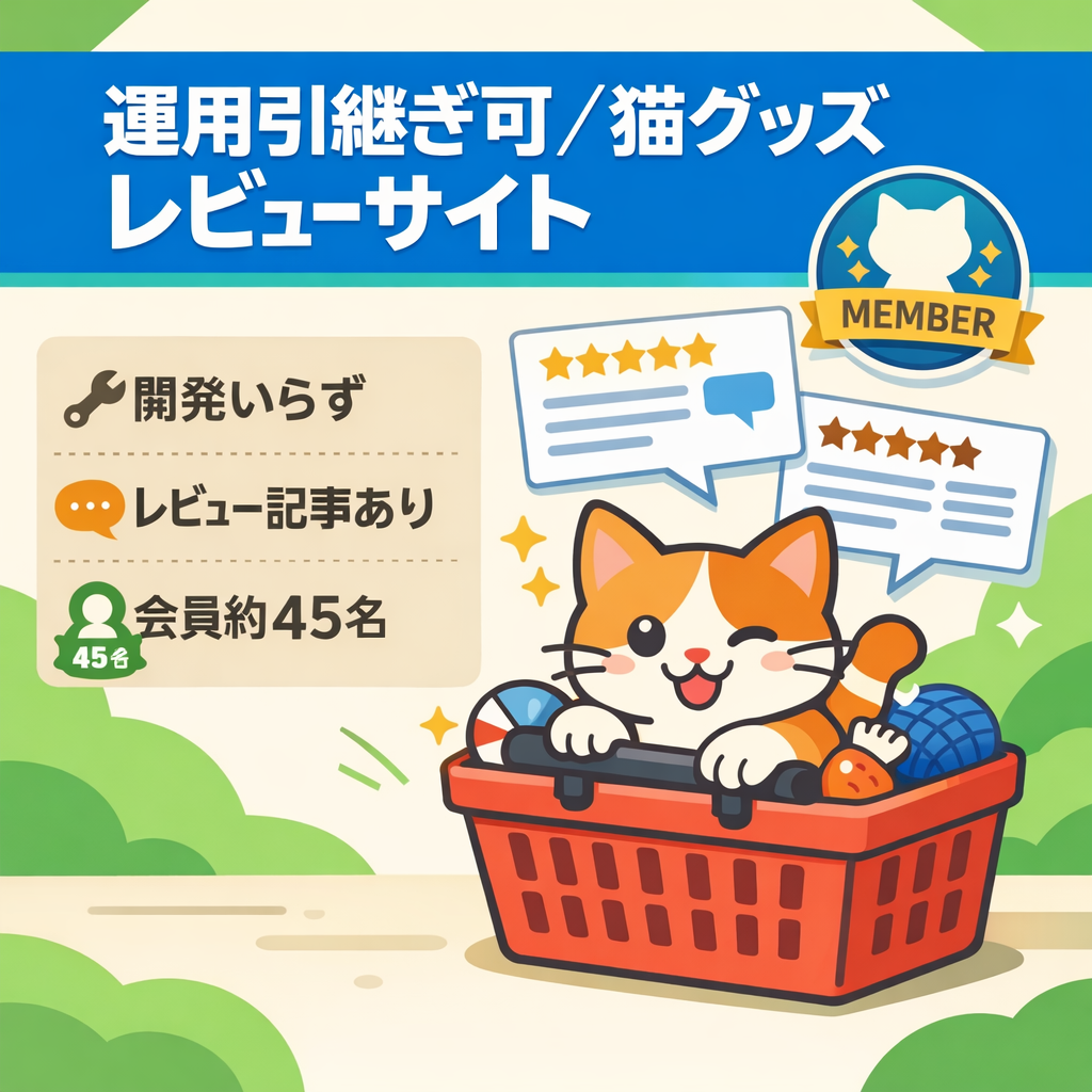 【運用メンバー引き継ぎ可】猫グッズレビューサイト｜初期ユーザー・コンテンツ構築済み 会員約45名