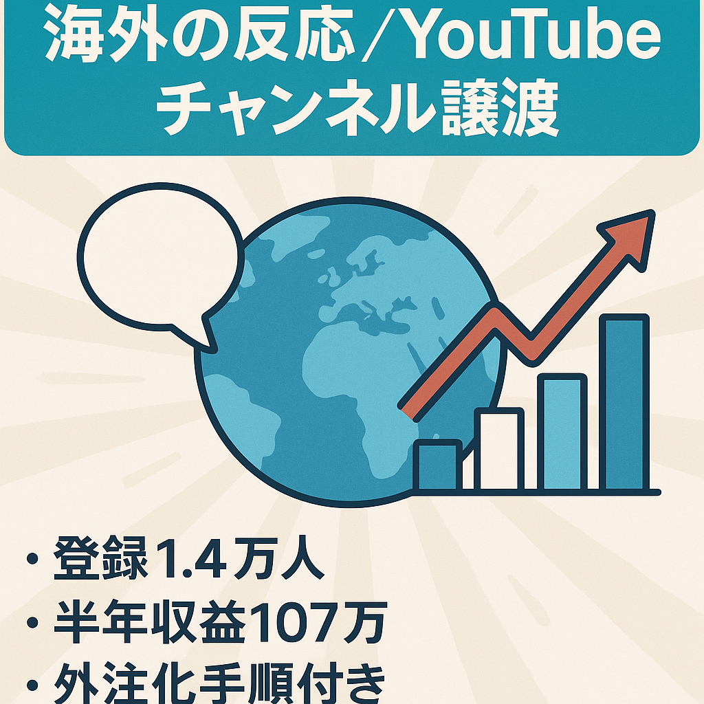 チャンネル登録14,400人、直近6ヶ月間の収益107万円の【海外の反応】YouTubeチャンネル。外注仕組化、データ、手順書、AIプロンプト譲渡です。