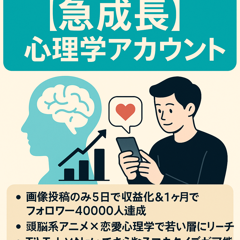 【急成長/収益化済/非属人/独自コンテンツ】5日でフォロワー10000人達成&1ヶ月で40000人達成の心理学大手アカウント！ポテンシャル大！