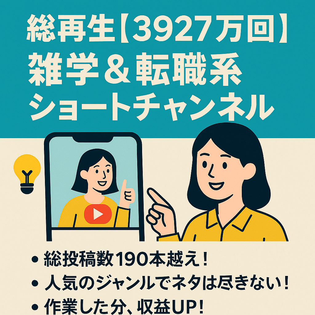 【総再生39276678再生突破！】オリジナルコンテンツで安全運営！非属人的！登録者1万人越えの雑学＆転職系ショートチャンネル！
